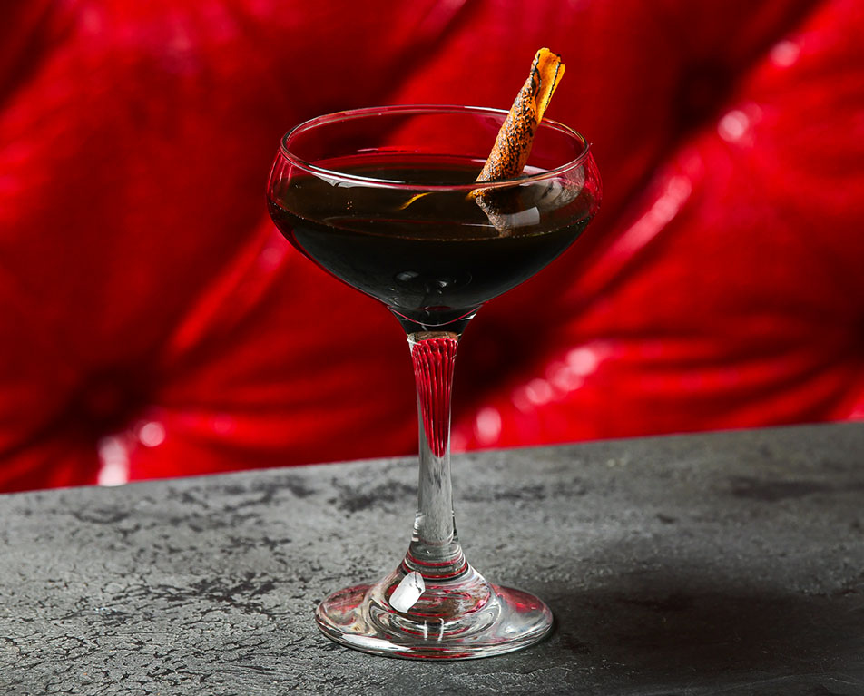 Cocktail and wine pairing on a wooden bar top Cocktail and wine pairing on a wooden bar top