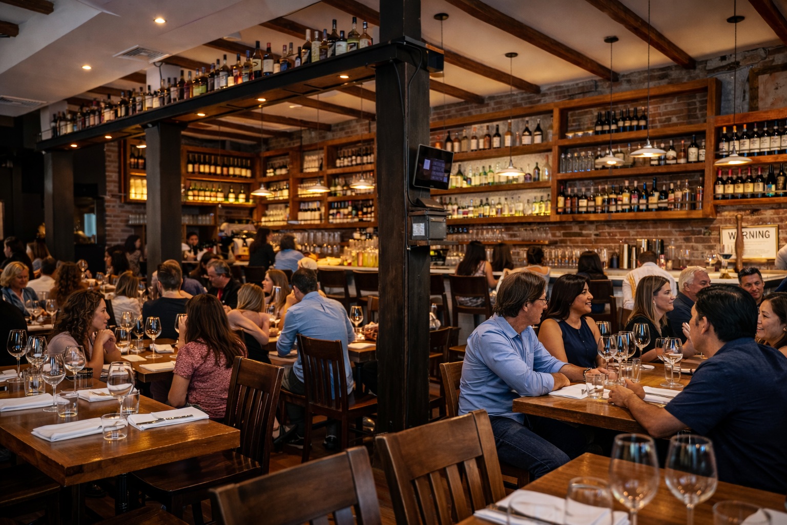 Cozy Italian restaurant in NYC Midtown with warm lighting at SESAMO in Hell’s Kitchen